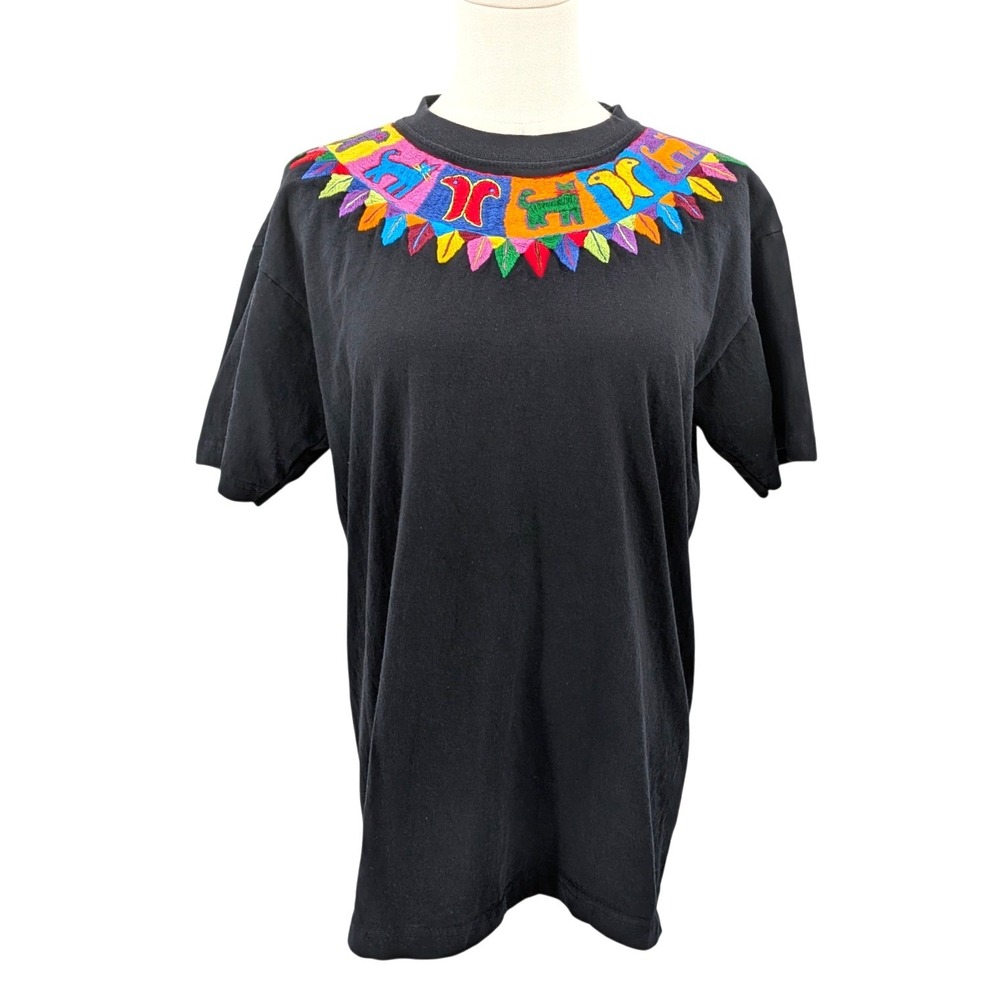 Boho Embroidered Animal Collar Tee Black Graphic Top Large Cat Multicolor Artsy